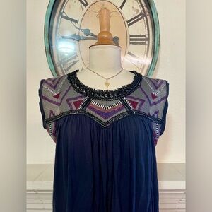 Free People-Embroidered Navy and Purple Women's Top